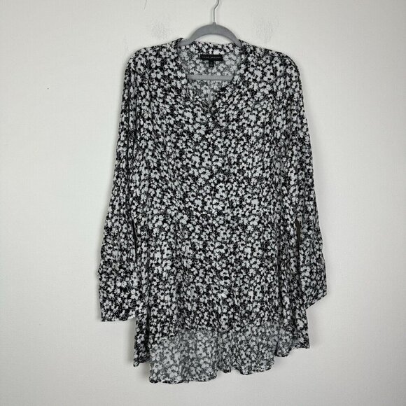 Lane Bryant Black White High Low Button Down Floral Long Sleeve Shirt Size 14 - Picture 1 of 5